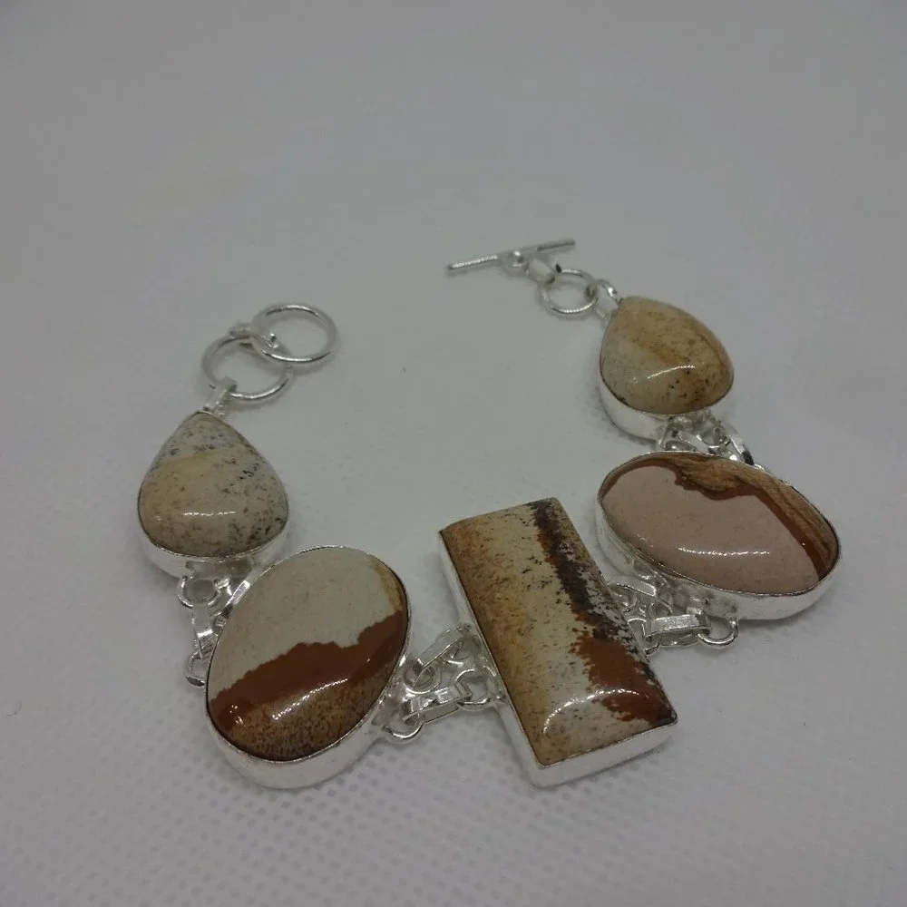 Natural "PICTUREJASPER" Handmade Sterling Bracelet 7" #622 - Picture 1 of 3